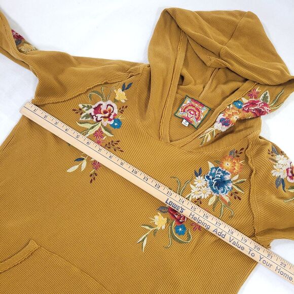 Isla Thermal floral Embroidered Hoodie Johnny Was M Mustard Yellow Cotton Boho - Picture 9 of 13
